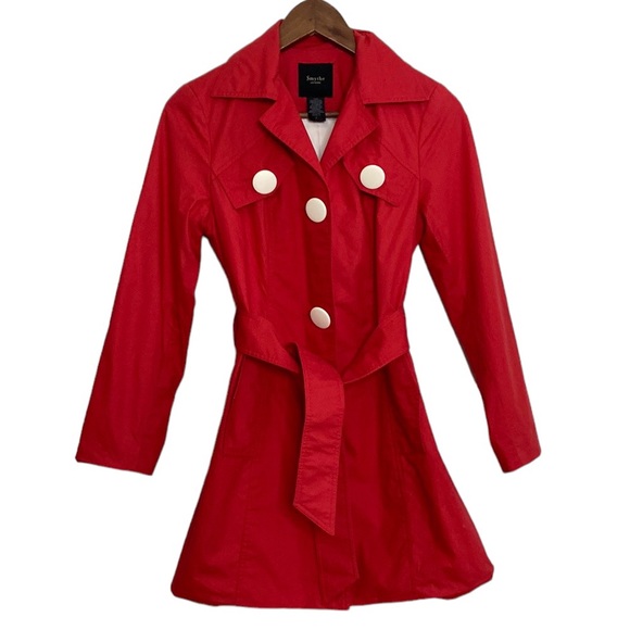 Smythe Jacket Womens 2 Red Cotton Short Trench White Buttons Classic Designer - Picture 1 of 16